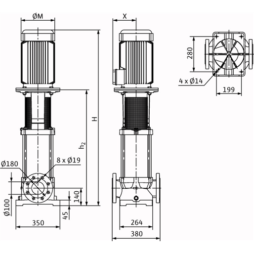 Габаритный чертеж насоса Wilo Multivert MVI 7002/2-3/16/E/3-400-50-2
